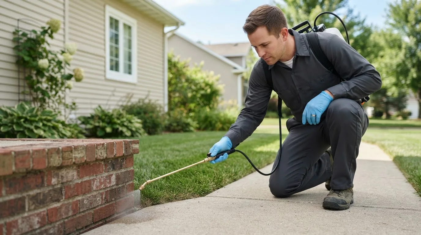 Pest control technician treating a home near Montague, MI