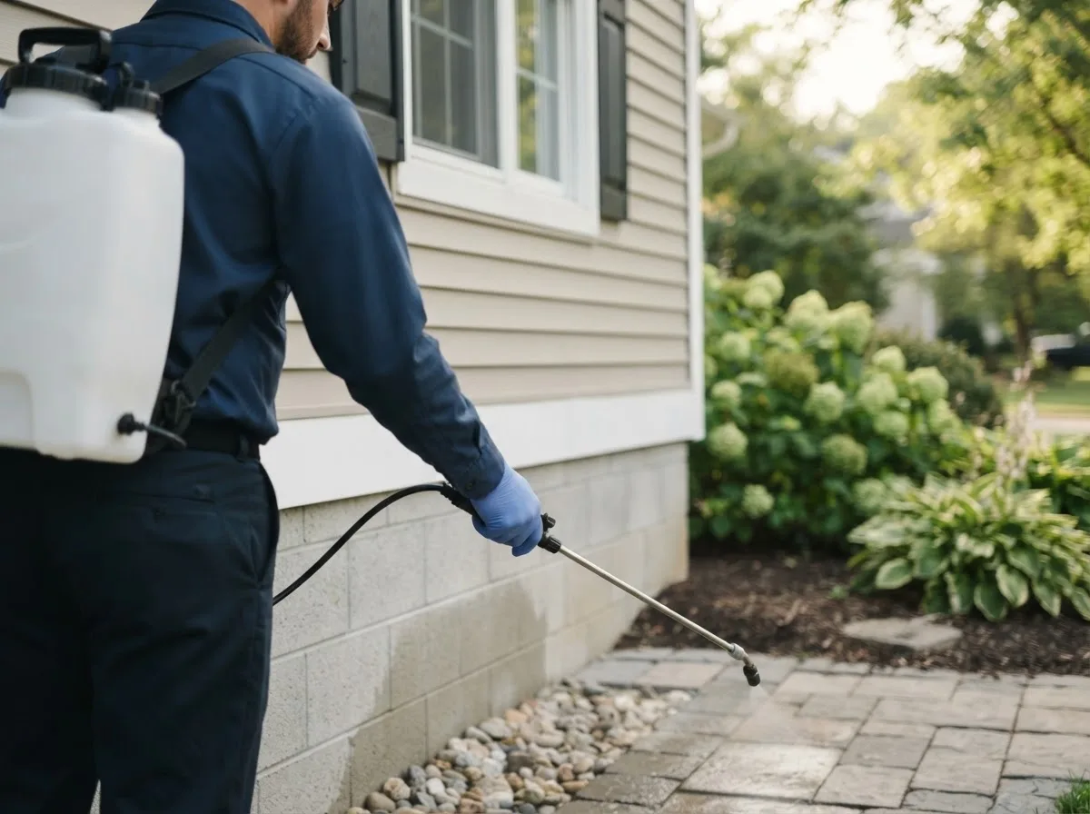 Pest control technician inspecting a home in Montague, MI